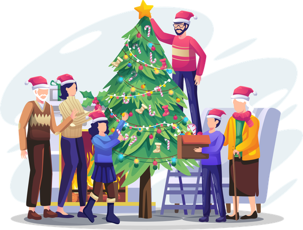 Happy family decorating Christmas tree  Illustration
