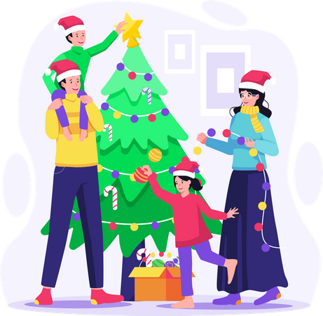 Happy Family decorating Christmas tree together at Home  Illustration