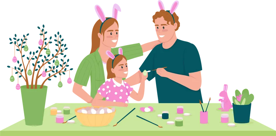 Happy Family Decorating Easter Eggs Flat Color Vector Detailed Character Parents With Child Spring Holiday Preparation Isolated Cartoon Illustration For Web Graphic Design And Animation Illustration