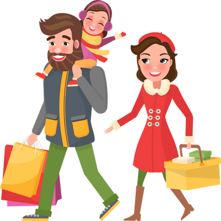 Happy family doing Christmas shopping  イラスト