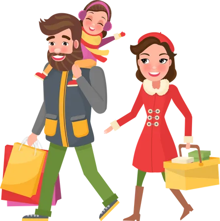 Dad And Mom With Bags Or Packs Holiday Gifts For Family Members Father Carrying Daughter On Shoulders Parents And Little Girl Do Shopping On Christmas イラスト