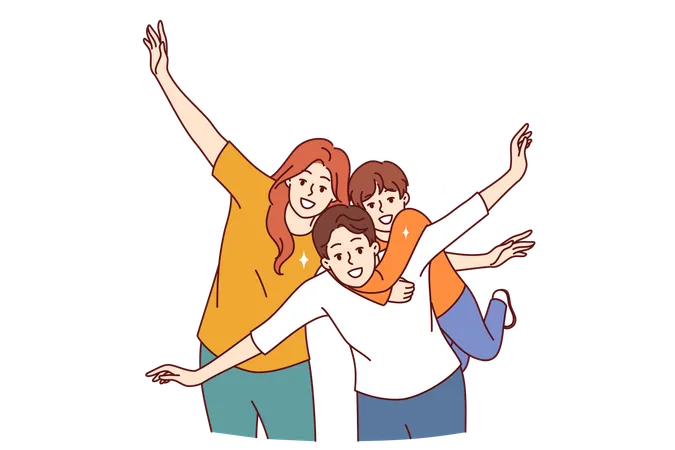 Happy Family Of Mom Dad And Child Put Arms To Sides Pretending To Be Airplanes And Posing For Group Portrait Cheerful Family Having Fun And Smiling Looking At Camera To Share Good Mood Illustration