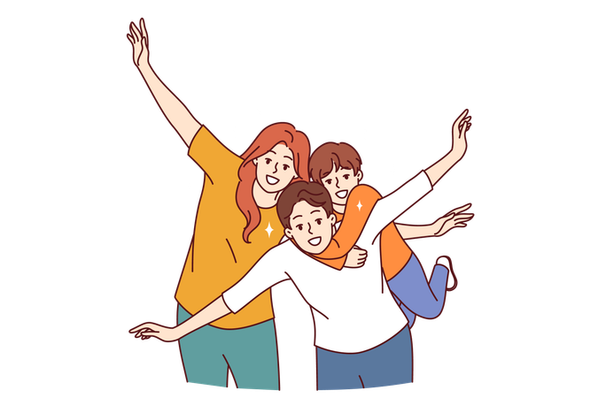 Happy family doing flying pose  Illustration