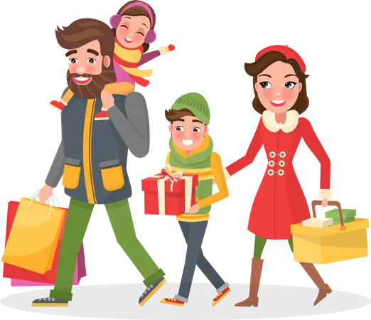 Happy Family Mother Father Small Daughter And Son Returns From Shopping Couple And Children With Bags Full Of Presents Gift Boxes And Cart Vector Illustration