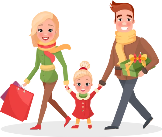Happy Family Mother Father And Small Daughter Returns From Shopping Couple And Child With Bags Full Of Presents And Gift Boxes Vector Isolated On White Illustration