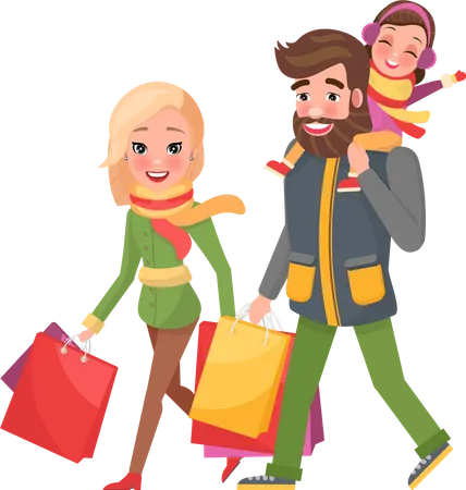 Happy Family Mother Father Daughter Returns From Shopping Couple And Children With Bags Full Of Presents Gift Boxes Vector Christmas Holidays Celebration Illustration