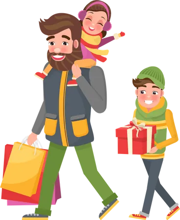 Happy Family Father Small Daughter And Son Returns From Shopping Male Parent And Children With Bags Presents Gift Boxes Vector Christmas Celebration Time Illustration
