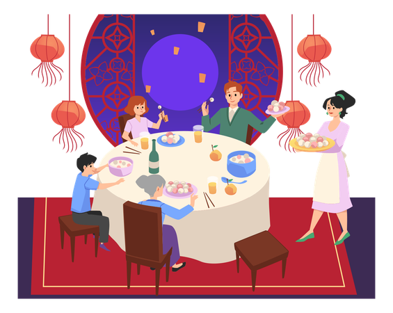 Happy family eating rice balls together  Illustration
