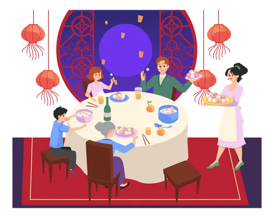 Happy family eating rice balls together  Illustration