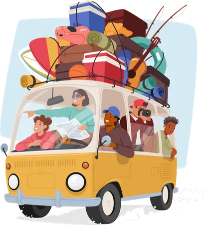 Happy Family Enjoying Car Travel Fun Filled Parents And Kids Characters Riding Retro Car During Road Trip Shoot Photo Scenic Route For Memories Adventure Journey Cartoon People Vector Illustration Illustration