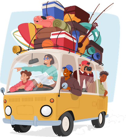 Happy Family Enjoying Car Travel  イラスト