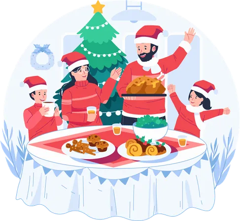 Happy Family Enjoying Christmas Dinner Together At Home Parents And Children In Santa Hats Sitting Around The Table With Christmas Food イラスト