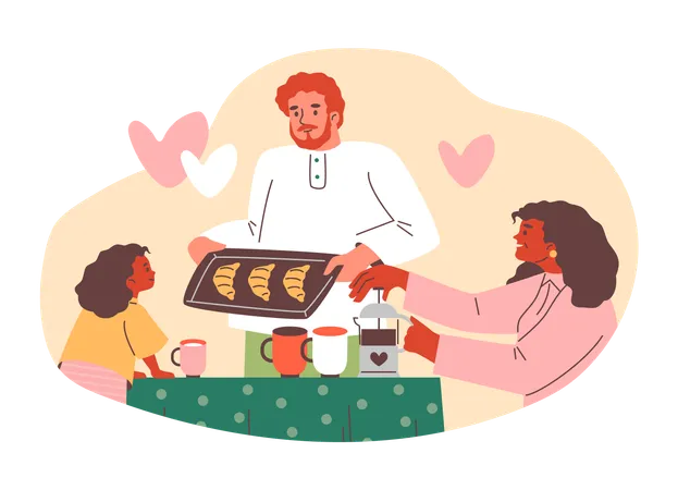 Happy family enjoying dad's croissants for breakfast  Illustration