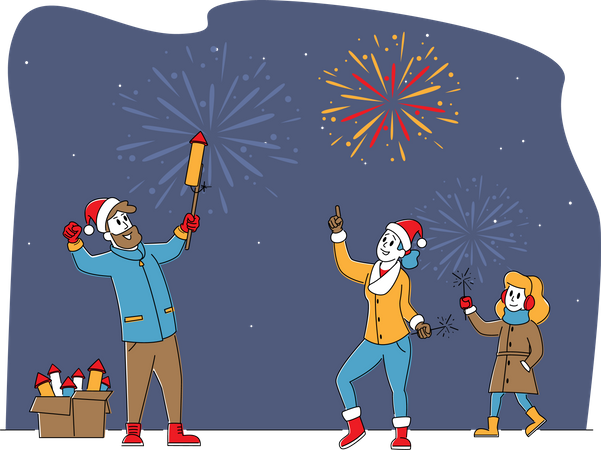 Happy Family Enjoying Fireworks Outdoor for Christmas or New Year  Illustration