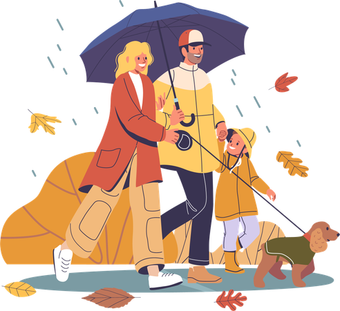 Happy Family Enjoying Walk In Autumn Rain  Illustration