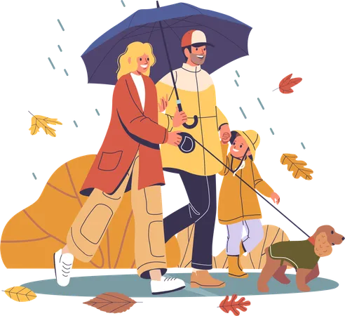 Happy Family Enjoying Walk In Autumn Rain  Illustration