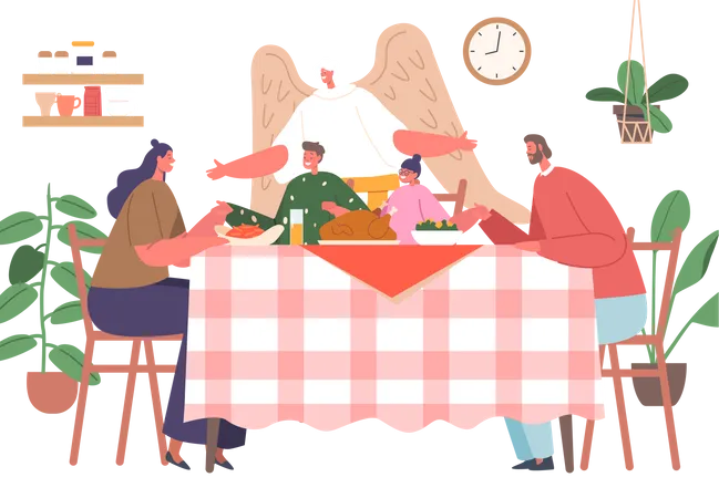 Happy Family Characters Gathered Around A Table Holding Hands Offering Prayers Of Gratitude While An Angel Watches Over Them With A Delicious Turkey Meal Served Cartoon People Vector Illustration Illustration
