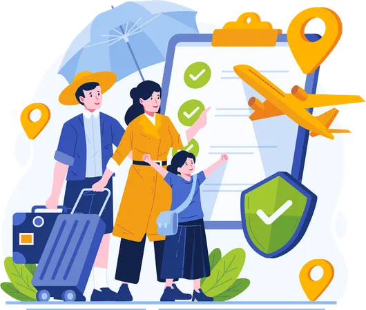 A Happy Family Gets Travel Insurance Coverage Travel Insurance Concept Illustration Illustration