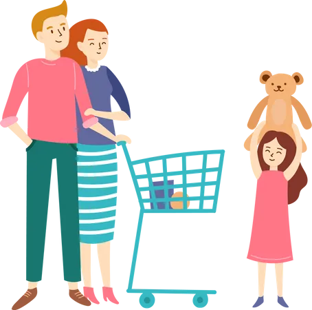 Happy Father Mother And Daughter Shopping Together Illustration