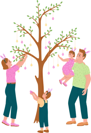 Happy family hanging Easter eggs on tree Illustration