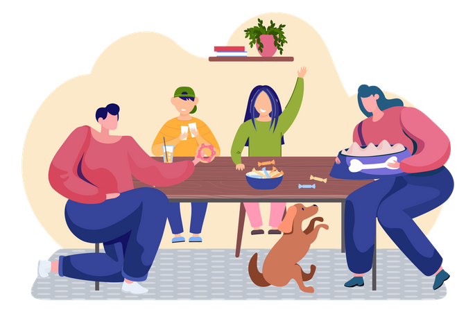 Happy family having dinner at home  イラスト