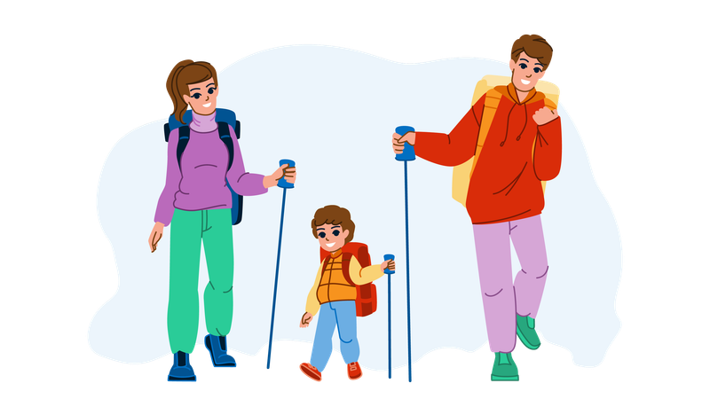 Happy family hiking on mountain  Illustration