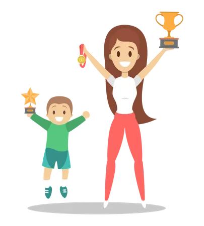 Happy family holding trophy cup  Illustration