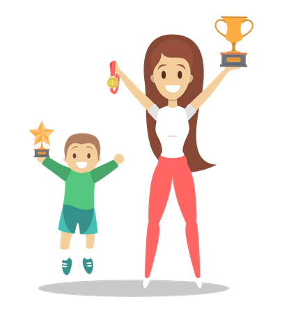 Happy family holding trophy cup  Illustration