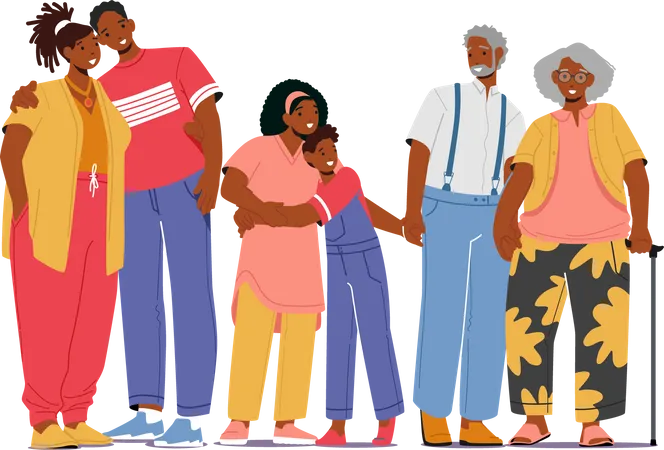 Big Happy African Family Characters Father Mother Grandparents And Children Hugging Holding Hands Loving Parents And Kids Bonding Relations Relaxed Sparetime Cartoon People Vector Illustration Illustration