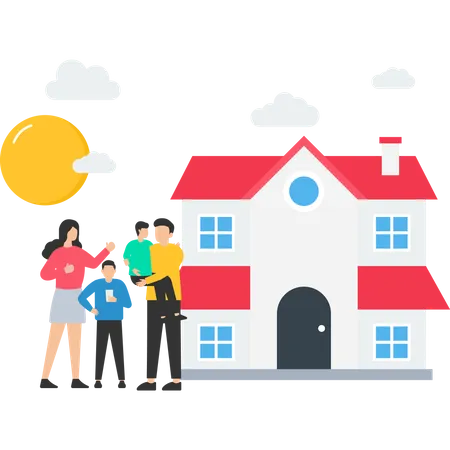 Happy family in front of house  Illustration