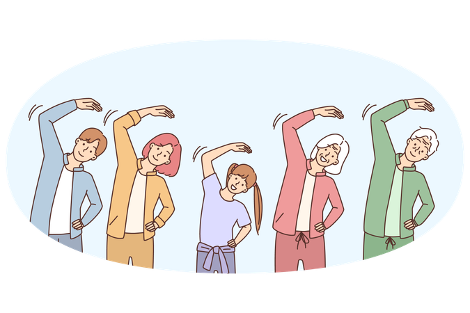 Happy family in sportswear do gymnastics together  Illustration