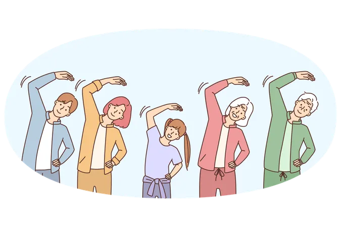Happy family in sportswear do gymnastics together  Illustration