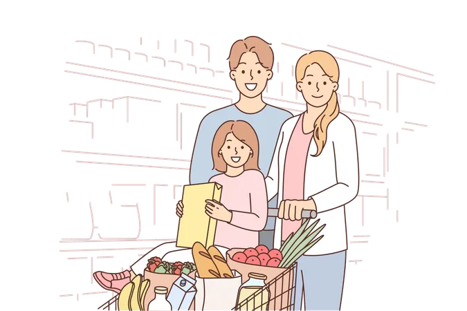 Happy Family In Supermarket With Basket Full Of Products To Prepare Delicious And Healthy Meal Family At Grocery Store Looking At Camera Posing Near Shelves Filled With Merchandise Illustration