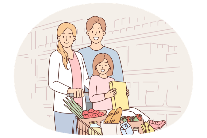 Happy family in supermarket with basket full of products to prepare delicious and healthy meal  Illustration