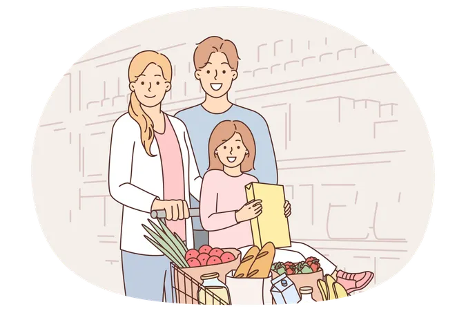 Happy family in supermarket with basket full of products to prepare delicious and healthy meal  Illustration