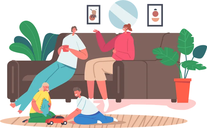Happy family inside home doing own activities Illustration