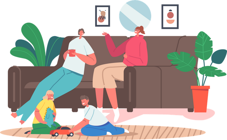 Happy family inside home doing own activities  Illustration