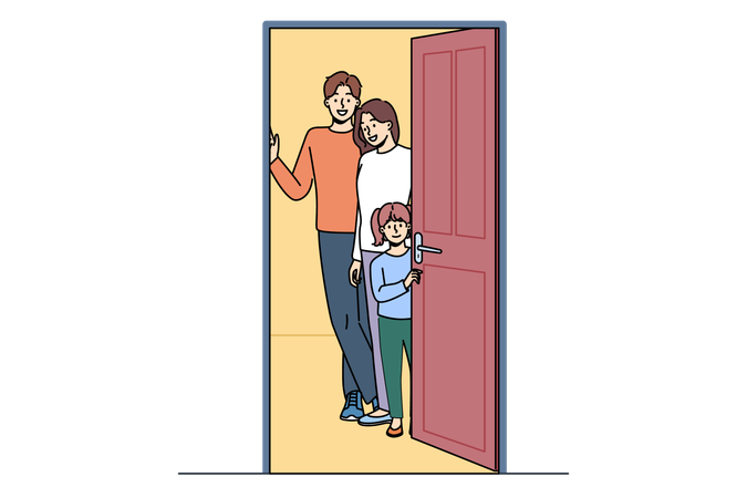 Happy family invites guests to housewarming party after buying apartment and standing near open door  Illustration