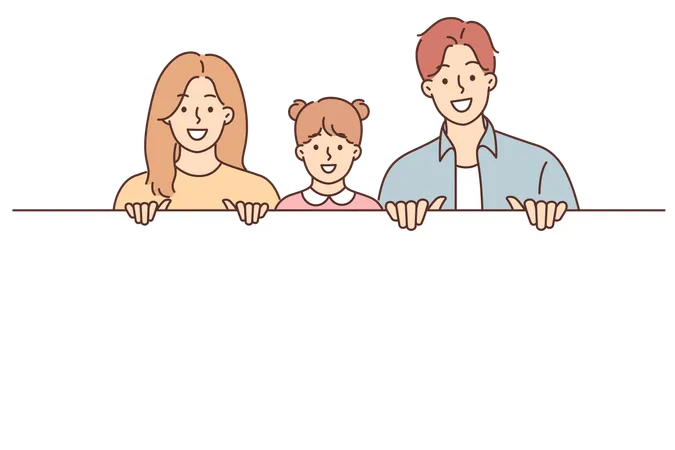 Happy Family Displays Large White Banner And Smiles Offering To Take Advantage Of Promotional Recommendation Happy Parents And Daughter With Blank Billboard For Applying Marketing Offer Or Logo イラスト