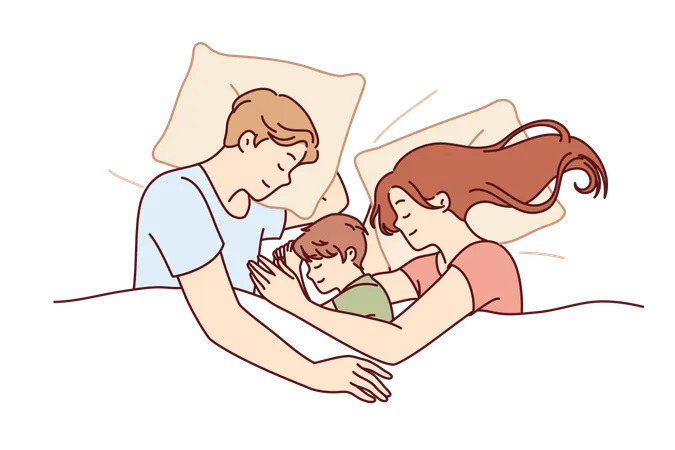 Happy Family Couple With Child Sleeps In Bed And Smiles Enjoying Healthy Sleep And Restoring Strength After Hard Day Work Family Of Man And Woman Hugging Sleeping Son Lying Under Blanket Illustration