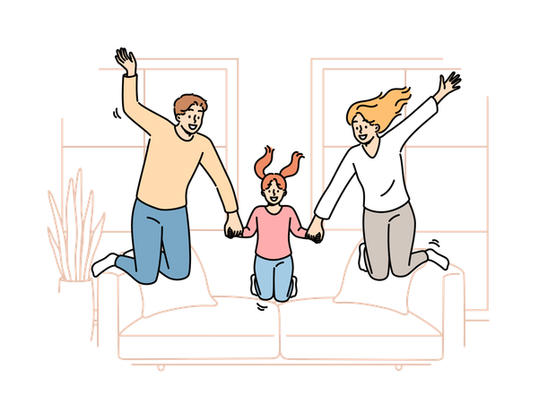 Happy family jumping together in living room of own apartment after moving or buying new home  Illustration