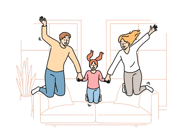 Happy family jumping together in living room of own apartment after moving or buying new home  Illustration