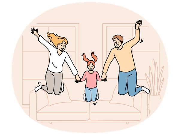 Happy family jumping together in living room of own apartment buying new home  Illustration