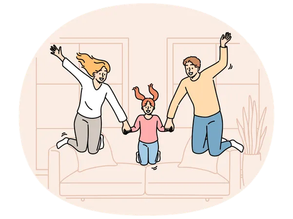 Happy family jumping together in living room of own apartment buying new home  Illustration