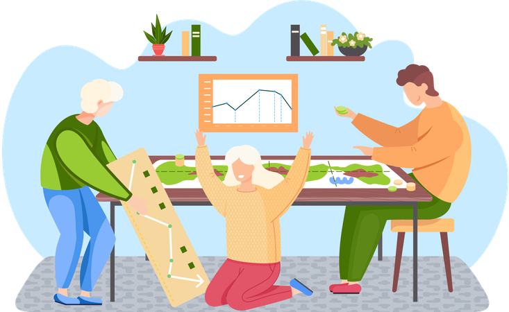 Happy family mother father and son sitting at table and playing strategy board game at home  Illustration