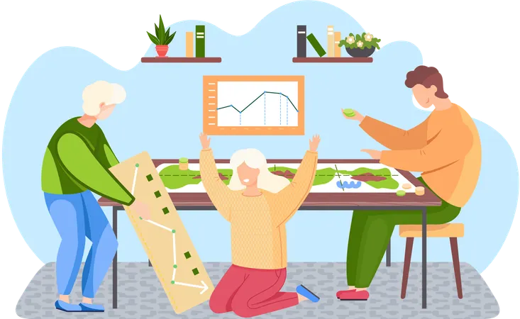 Happy family mother father and son sitting at table and playing strategy board game at home  Illustration