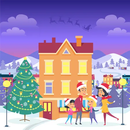 Happy Family Near Orange House And Decorated Christmas Tree Vector Illustration Of People In Santa Claus Red Hats And Warm Winter Clothes Outside In Evening Joyful Spending Of Winter Holidays Illustration