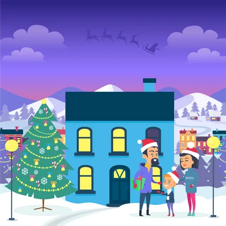 Happy Family Near Blue House And Decorated Christmas Tree Vector Illustration Of Cartoon Three People In Santa Claus Red Hats And Warm Winter Clothes Outside In Evening Spend Winter Holidays Illustration