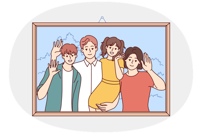 Happy family of couple with children are depicted in portrait hanging on wall  Illustration