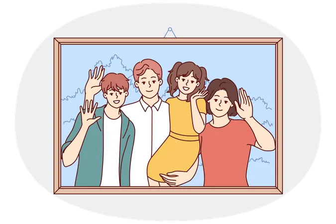 Happy family of couple with children are depicted in portrait hanging on wall  Illustration